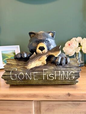 Gone Fishing Bear Resin Sculpture Cabin Lodge Decor Woodland Figurine